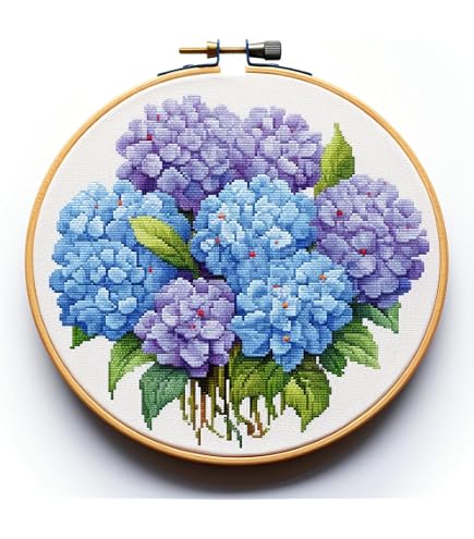 Kit De Punto De Cruz Para Principiantes | Tela Preimpresa 11 Ct | Diseño Flor De Hortensia | 40x50 Cm | Incluye Hilos, Agujas Y Guía