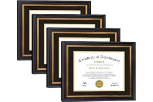 DEKWINN Diploma Frames 8.5x11 with Mat or 11x14 certificate without Mat,Set of 4 Document Frame with Real Glass,Black Gold & 