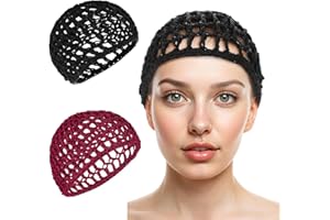 Heclia Mesh Hair Net Bonnet for Women Wrapped Hair, Elastic Crochet Snood for Sleeping, Anti-Frizz Hairs Cover For Curly & Straight Hairs, 2PCS Black & Wine Red