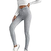 WDIRARA Women's Elastic Waist Leggings Ribbed Knit Casual Long Pants