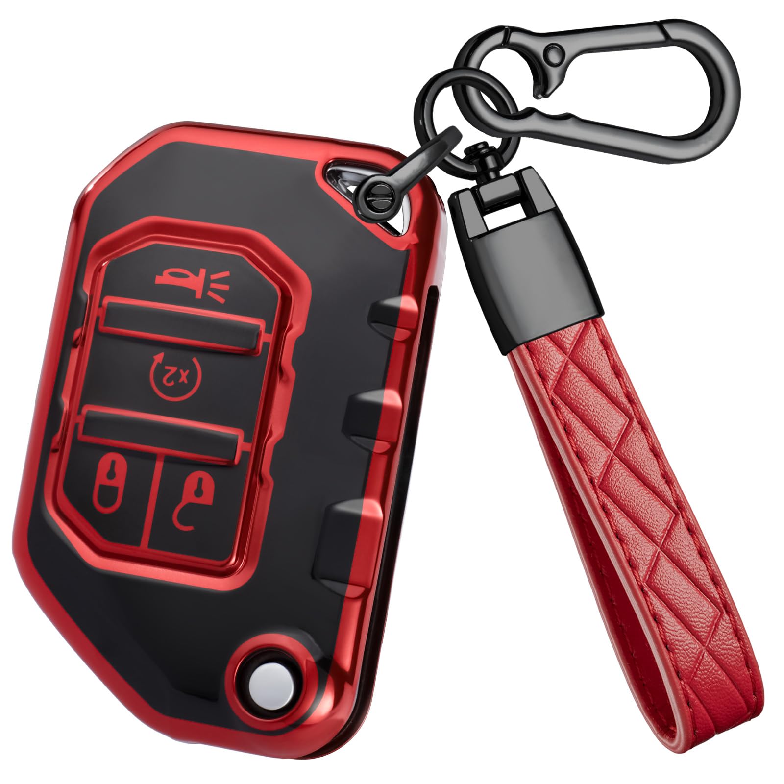 Photo 1 of VCCARVN for Jeep Key Fob Cover - TPU Key Shell Case Protector Compatible with Jeep Wrangler JL JLU Rubicon Gladiator JT Sahara 4 Buttons Flip Car Key, Red