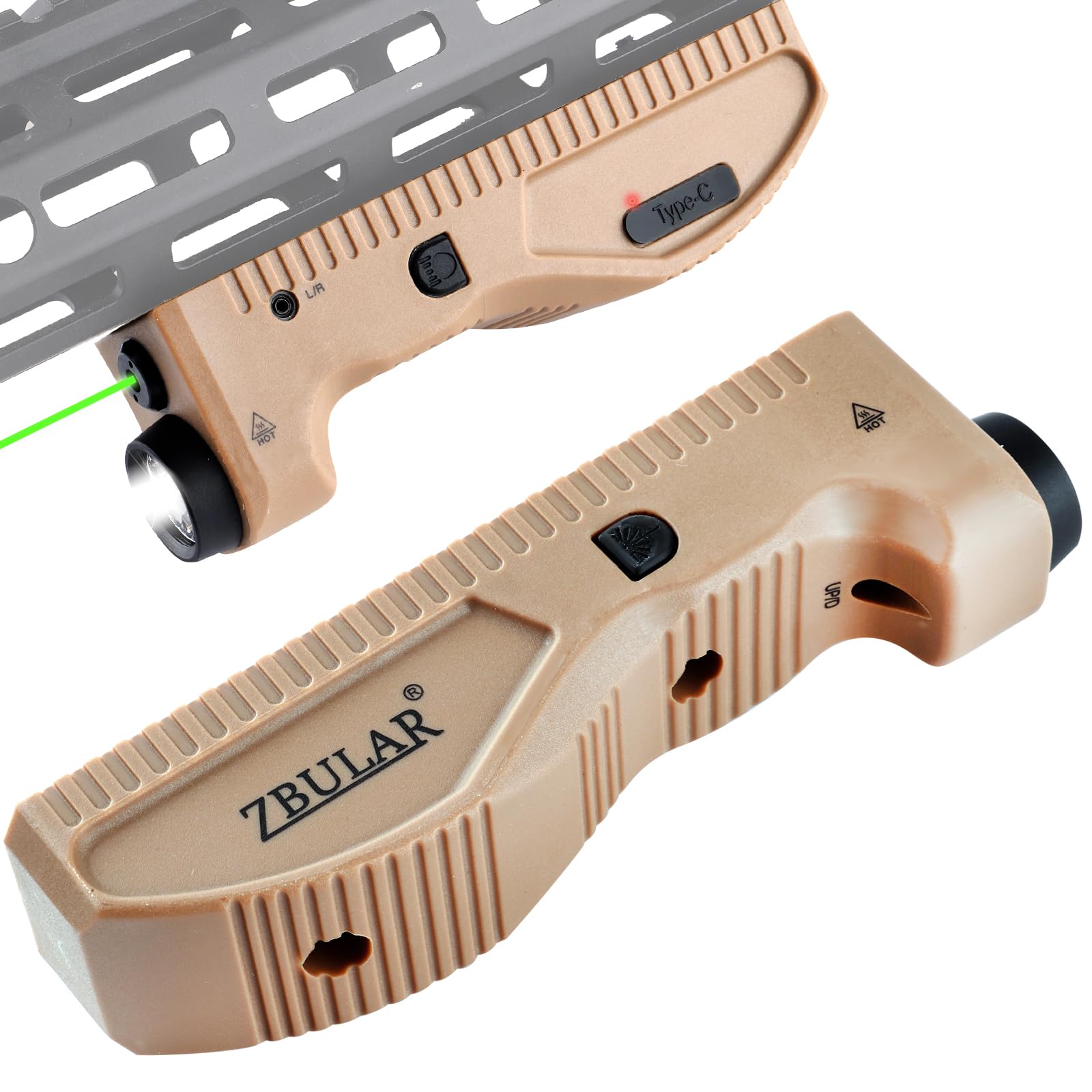 Photo 1 of ZBULAR 1650 lumens Tactical Flashlight, Equipped with Green Laser and White LED Lights, USB-C Rechargeable, Strobe Function,Class IIIA Laser Power Output ?5mW,Desert Tan,