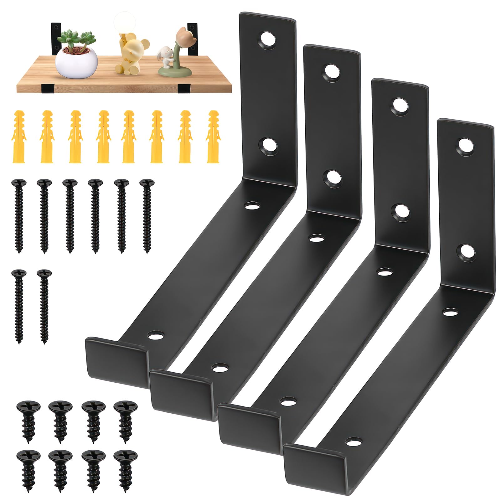 4 Pcs Scaffold Board Shelf Brackets Heavy Duty Shelf Brackets for Shelving Bracket, Black Industrial Rustic Metal Wall Brackets with Lips for Scaffold Boards(187 mm/7.36 inch)