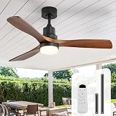 Sofucor 52 Inch Wood Ceiling Fans with Lights and Remote, Indoor/Outdoor | Modern, 3 Blade, Quiet Reversible DC Motor, 3CCT Dimmable, 6 Speeds, Timer, Bedroom/Living Room/Farmhouse/Patio/Porch, Brown