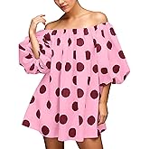 Meladyan Women's Off Shoulder Polka Dot Mini Dress Casual Puff Sleeve Loose Blouse Mini Dress Beach Short Dresses
