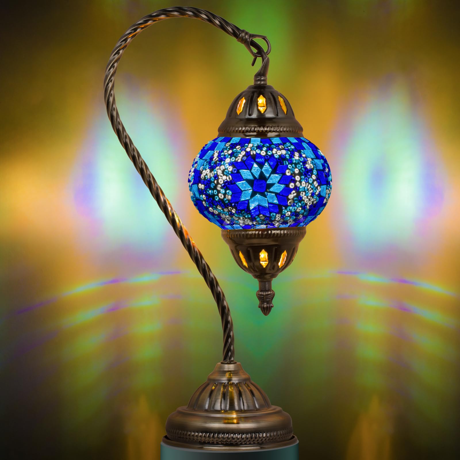 Photo 1 of Marrakech Turkish Lamp Moroccan Lamp Mosaic Glass Table Lamp, Handmade Turkish Mosaic Light with Swan Neck Bronze Base Including LED Bulb for Living Room Bedroom Decor (Mosaic Blue)