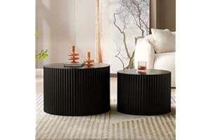 kevinplus Black Round Nesting Coffee Table Set of 2 Modern Drum Side Table End Table for Living Room, Wood Circle Embossed Design Coffee Table Contemporary Living Room Table Set, Matte Black
