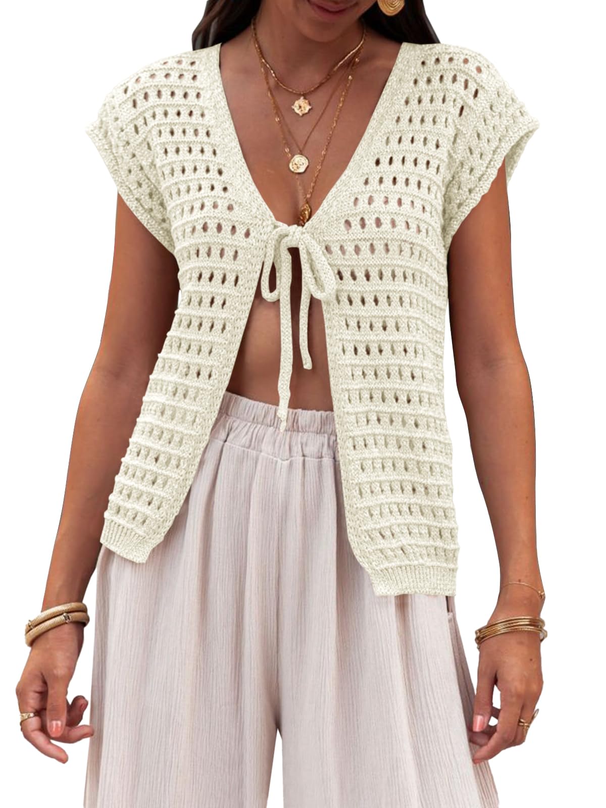 Photo 1 of Saodimallsu Womens Tie Crochet Shrug Short Sleeve Open Front Lightweight Knit Cropped Cardigan Sweaters Cover Up