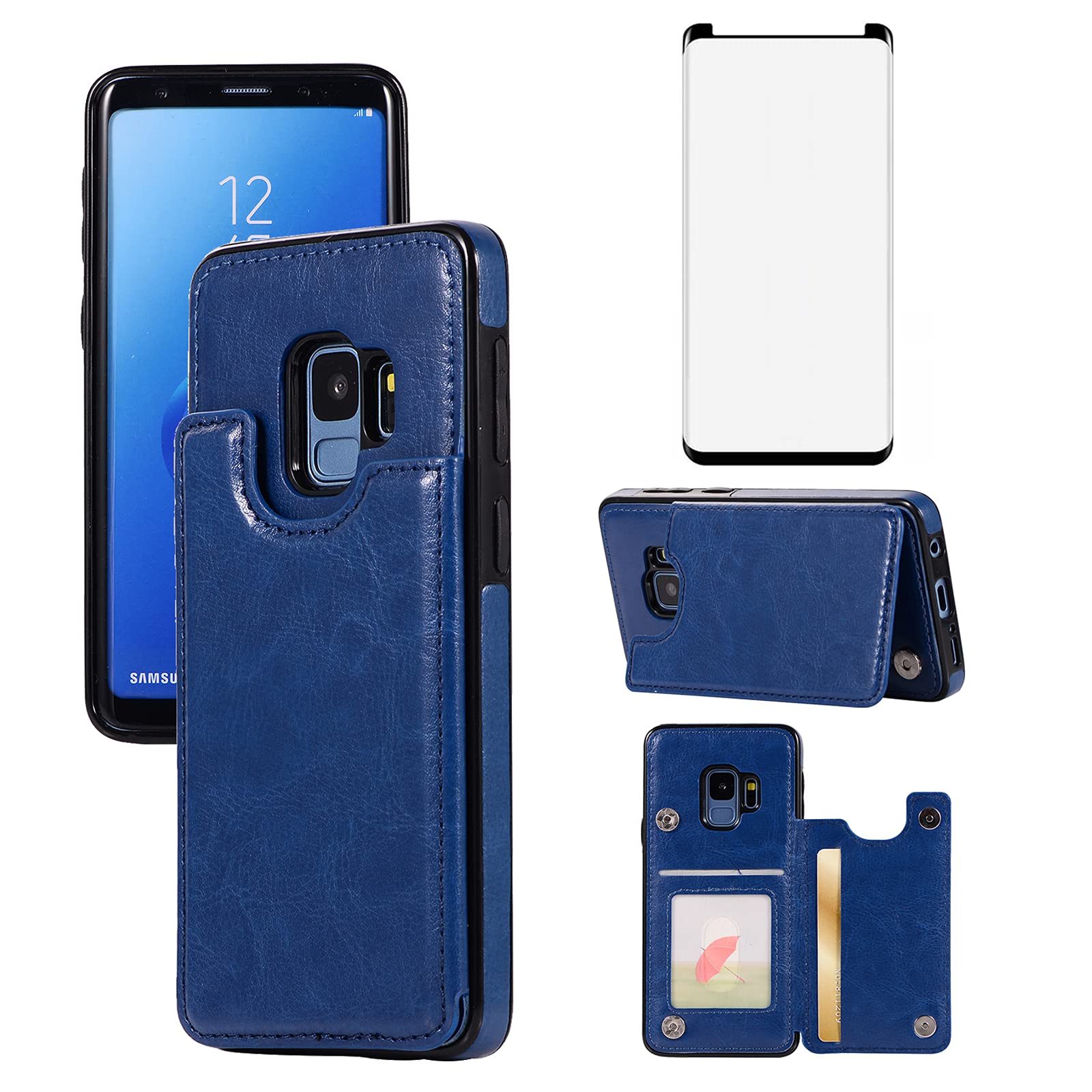Asuwish Compatible with Samsung Galaxy S9 Wallet Case Tempered Glass Screen Protector Card Holder Stand Leather Flip Cell Accessories Cover Phone Cases for Glaxay S 9 Edge 9S GS9 Women Men Blue