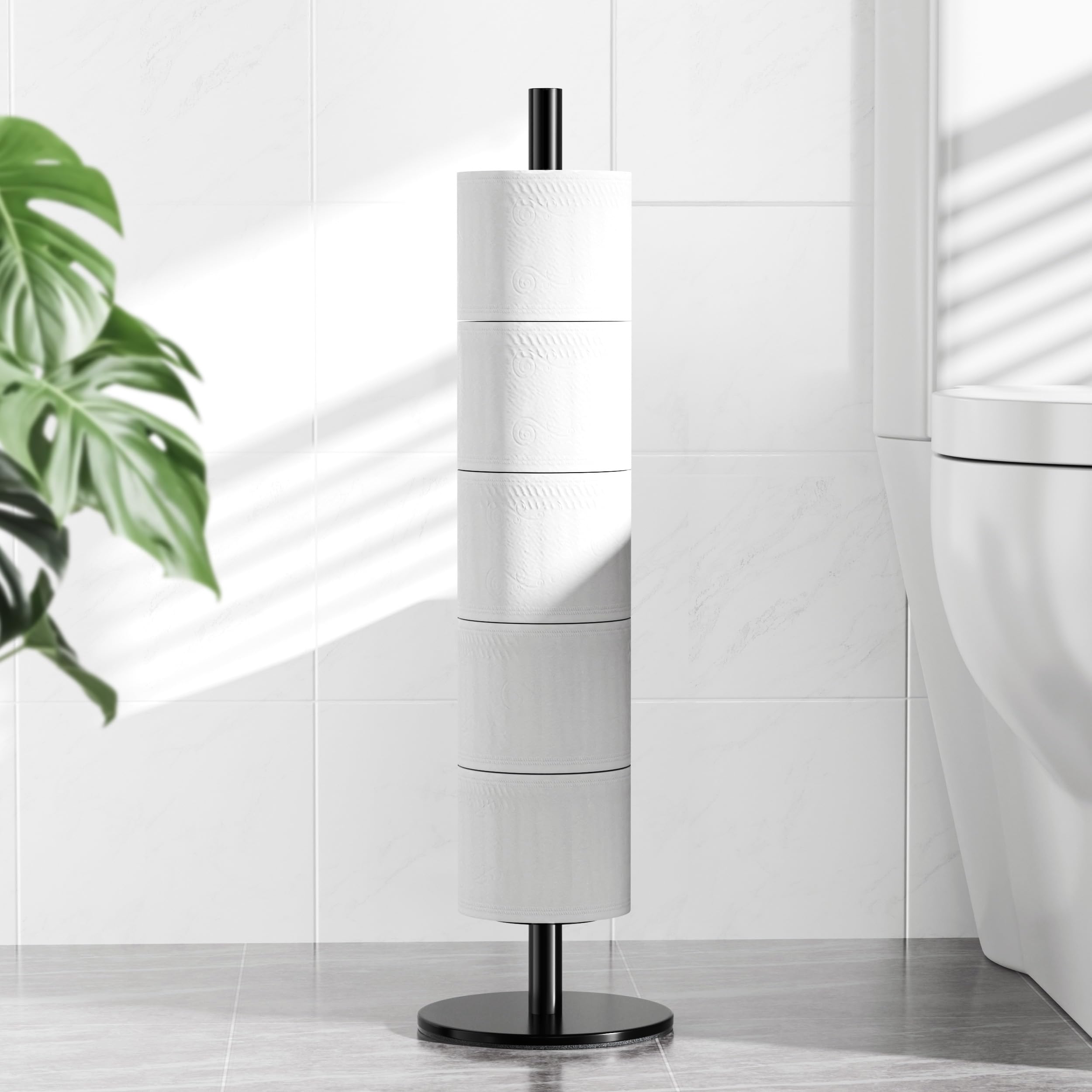 Free-Standing Toilet Roll Holder, Stainless Steel, Toilet Paper Storage Stand Holds 5-6 Rolls, Black