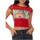 MakeMeChic Women's Y2k Mesh Top Short Sleeve Graphic Baby Tee Crop T Shirt Tops