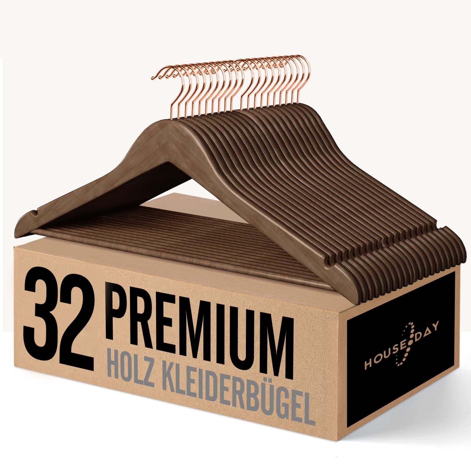 HOUSE DAY Walnut Wooden Hangers, 32 Pack - Sturdy & Smooth, Rose Gold Hook