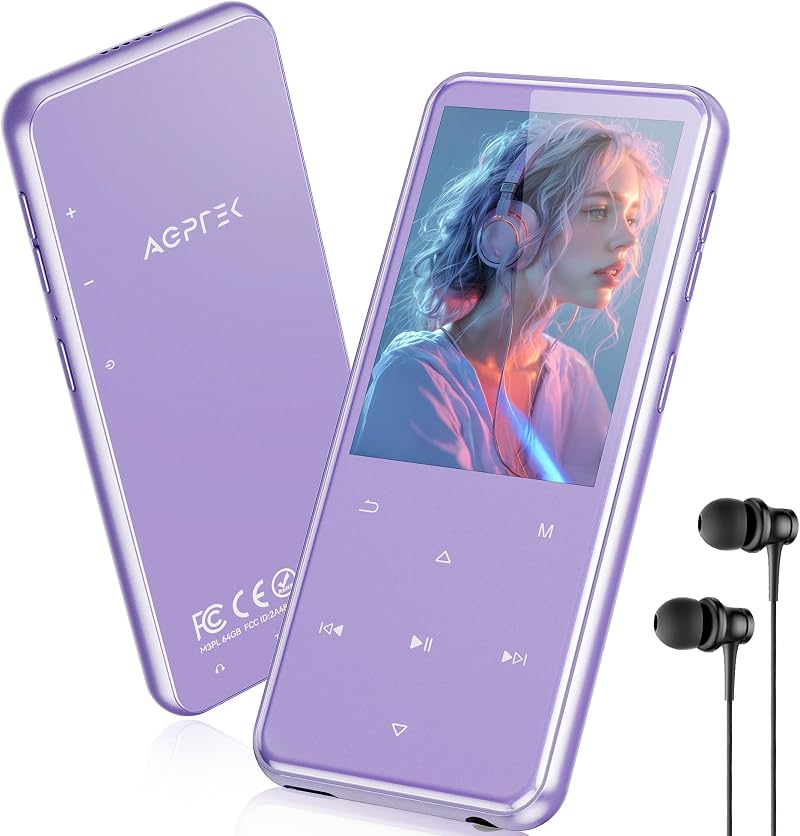 AGPTEK Purple MP3 Player with Bluetooth 5.3 64GB Expandable up to 128GB