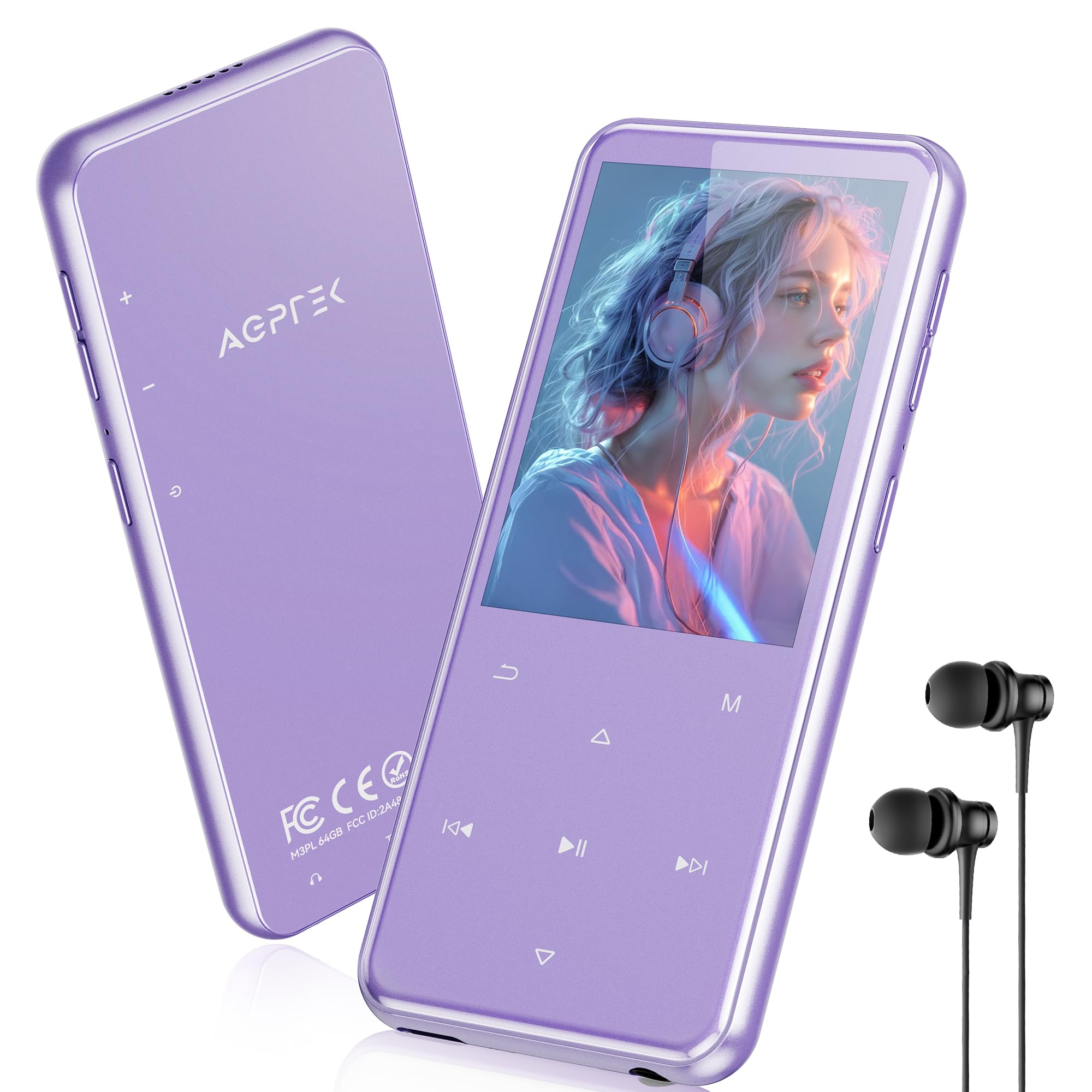 AGPTEK Purple MP3 Player with Bluetooth 5.3, 64GB Internal Memory Expandable up to 128GB, 2.4 Inch Music Player with Speaker and FM Radio, Earphone Included