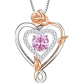 RIVIKO Infinity Heart Symbol Rose Birthstone Necklace for Women,925 Sterling Silver Heart Pendant Necklaces,Anniversary Valentines Jewelry Birthday Mothers Day Gifts for Mom Her Wife Women Girlfriend