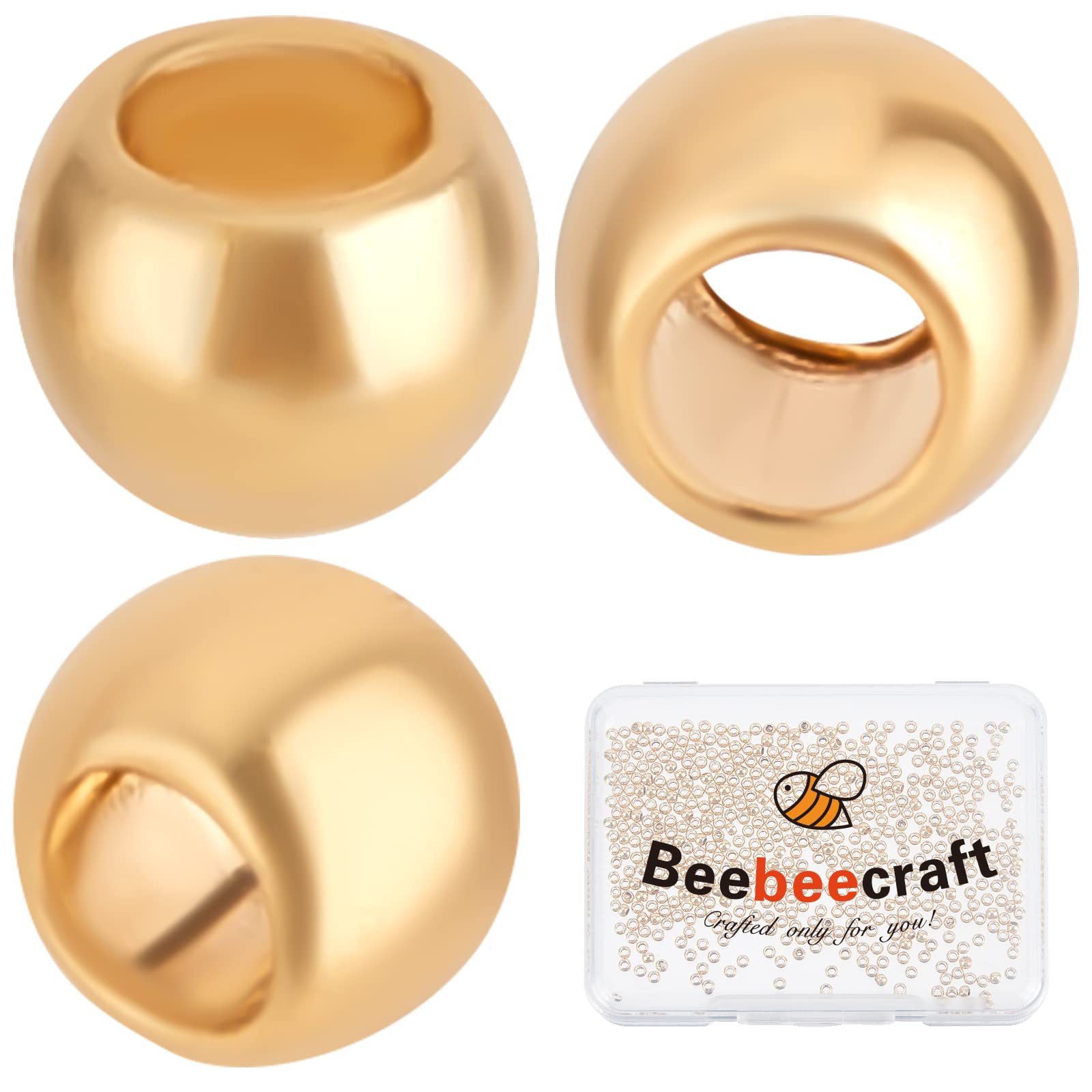 Beebeecraft 500Pcs/Box Round Crimp Beads 24K Gold Plated Stainless Steel Cord End Caps 2mm Loose Spacer Stoppers Beads for Earring Necklace