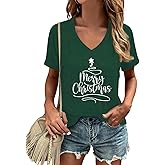 COMIZI Christmas Shirts for Women V Neck Merry Christmas Letter Print T-Shirt Xmas Tree Tee Tops
