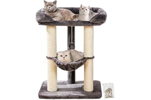 Happi N Pets 28" Cat Tree Tower for Indoor Cats, Tall Cat Scratching Post with Large Bed for Maine Coon Big Cats, Sisal Cat Scratcher with Soft Perch & Hammock, Stable Cat Stand, Removable Cover-Gray