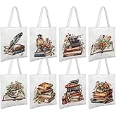 ElasignShopo 8 Pcs Book Canvas Tote Bags Book Club Gifts Book Lovers Totes Bags Bulk Aesthetic Reusable Grocery Bags for Women Bookish Lovers Librarian Readers Gifts Travel Shopping (Vintage Books)