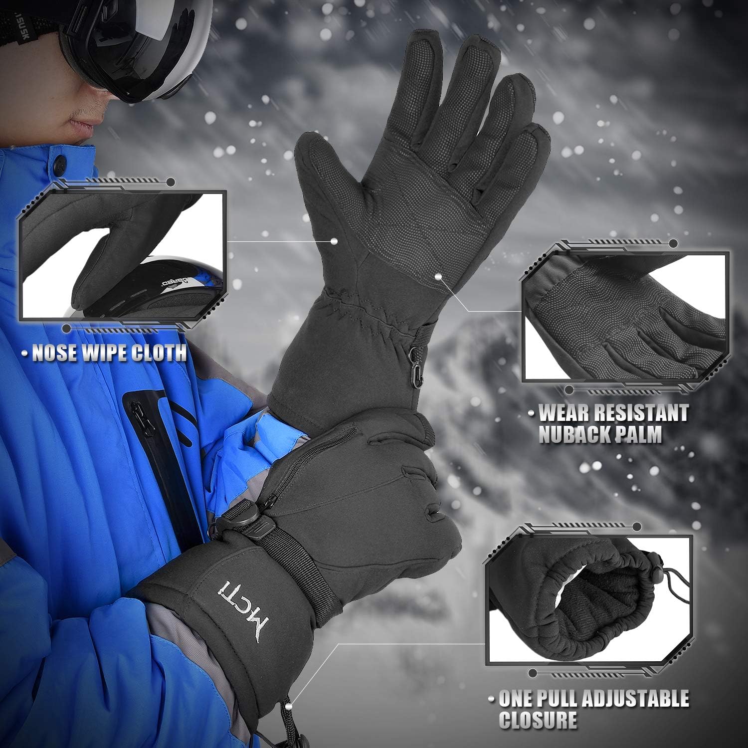 MCTi Waterproof Mens Ski Gloves Winter Warm 3M Thinsulate Snowboard Snowmobile Cold Weather Gloves : Clothing