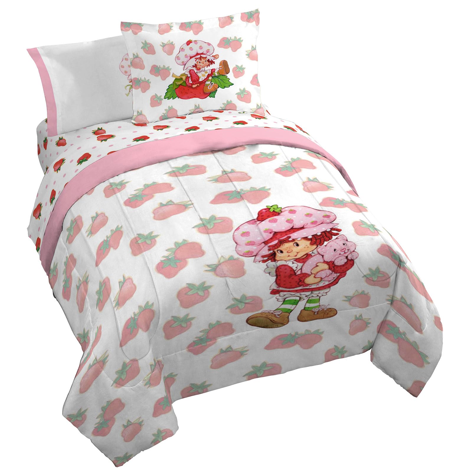 Jay Franco Strawberry Shortcake Queen Comforter Set - 7 Piece Bedding Includes Sheet Set & Pillow Covers - Super Soft Pink & White Kids Bedding Image