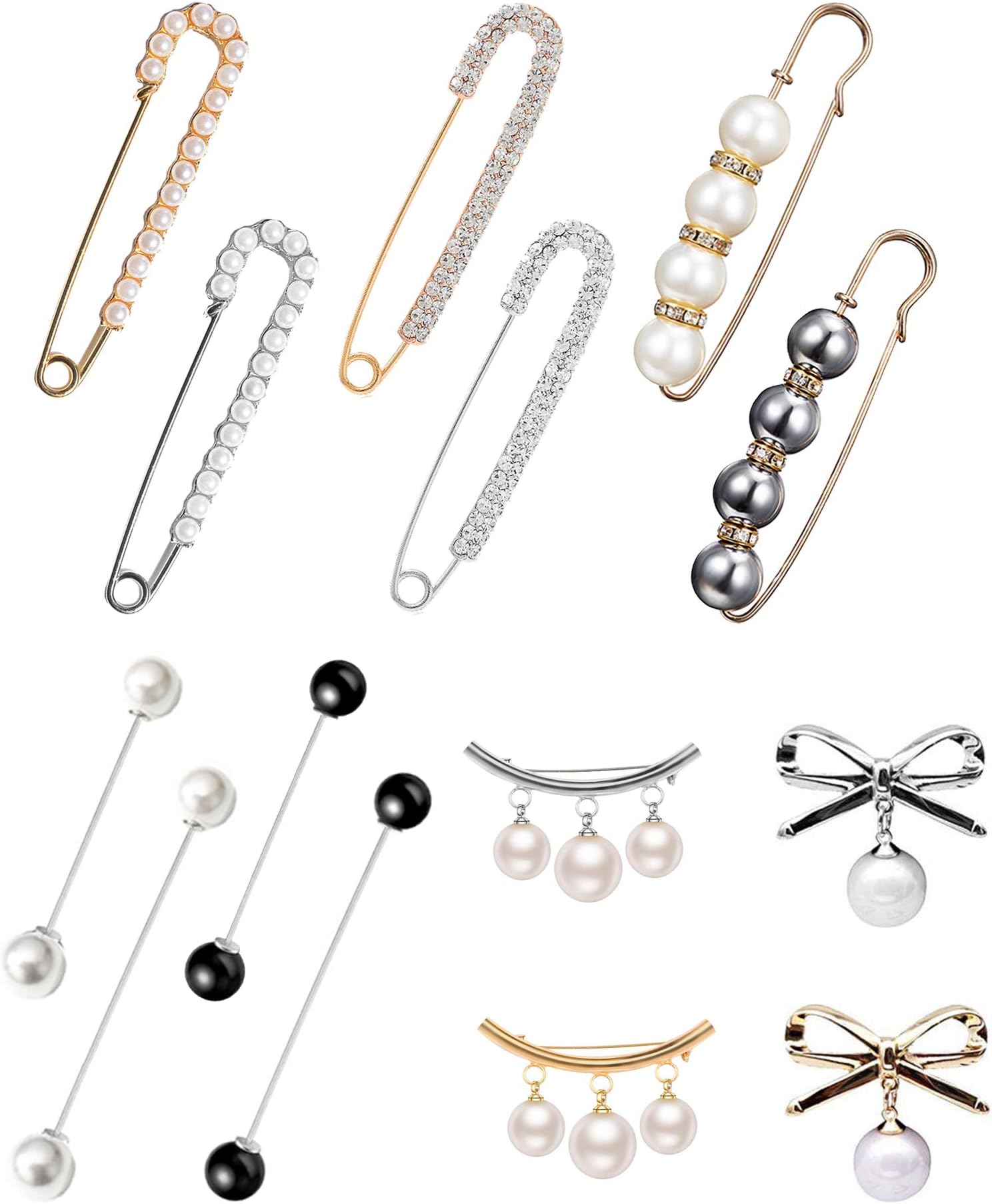 VALIJINA 14 Pieces Brooch Pins for Women Faux Pearl Safety Brooch Pins Sweater Shawl Clips Vintage Shirts Dresses Cardigan Collar Brooches Pins Set