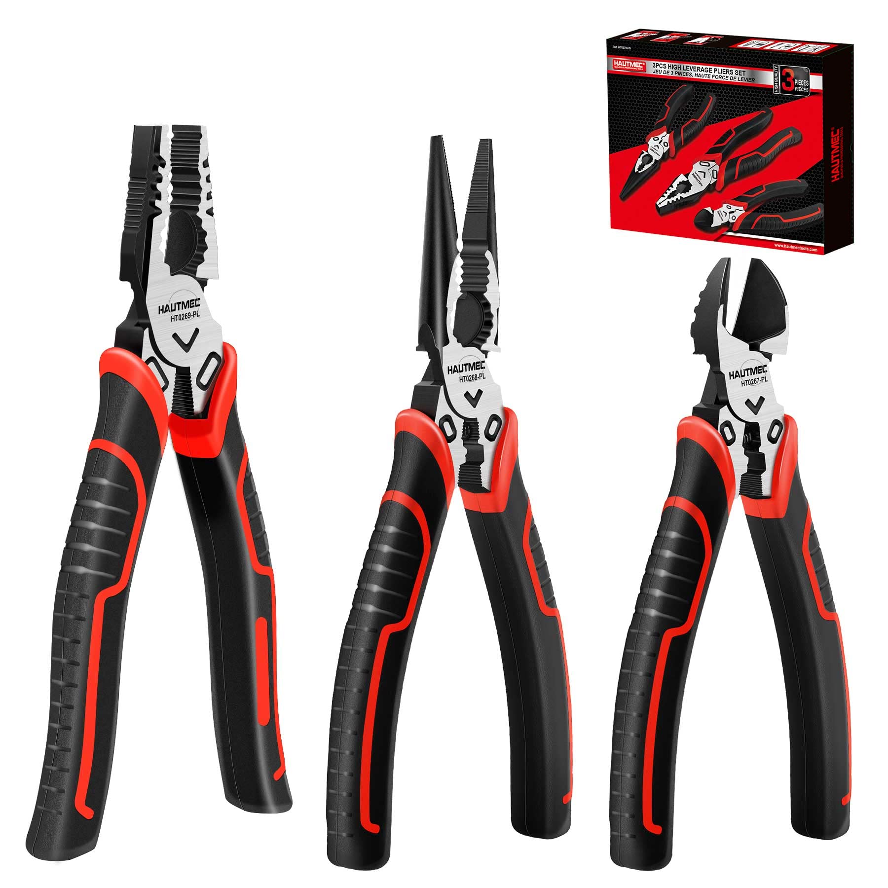 HAUTMEC High Leverage Multi Pliers Tool Set - 8" Needle Nose, 8" Linesman and 6" Diagonal Cutting Pliers - HT0270