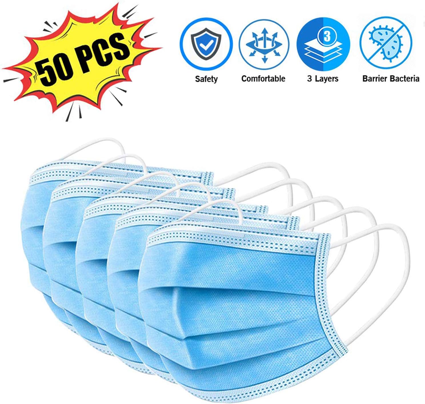 Safety Mask 3-Ply Disposable Face Masks Breathable Comfortable Filter Mask for Dust Protection （50 Pcs） Blue