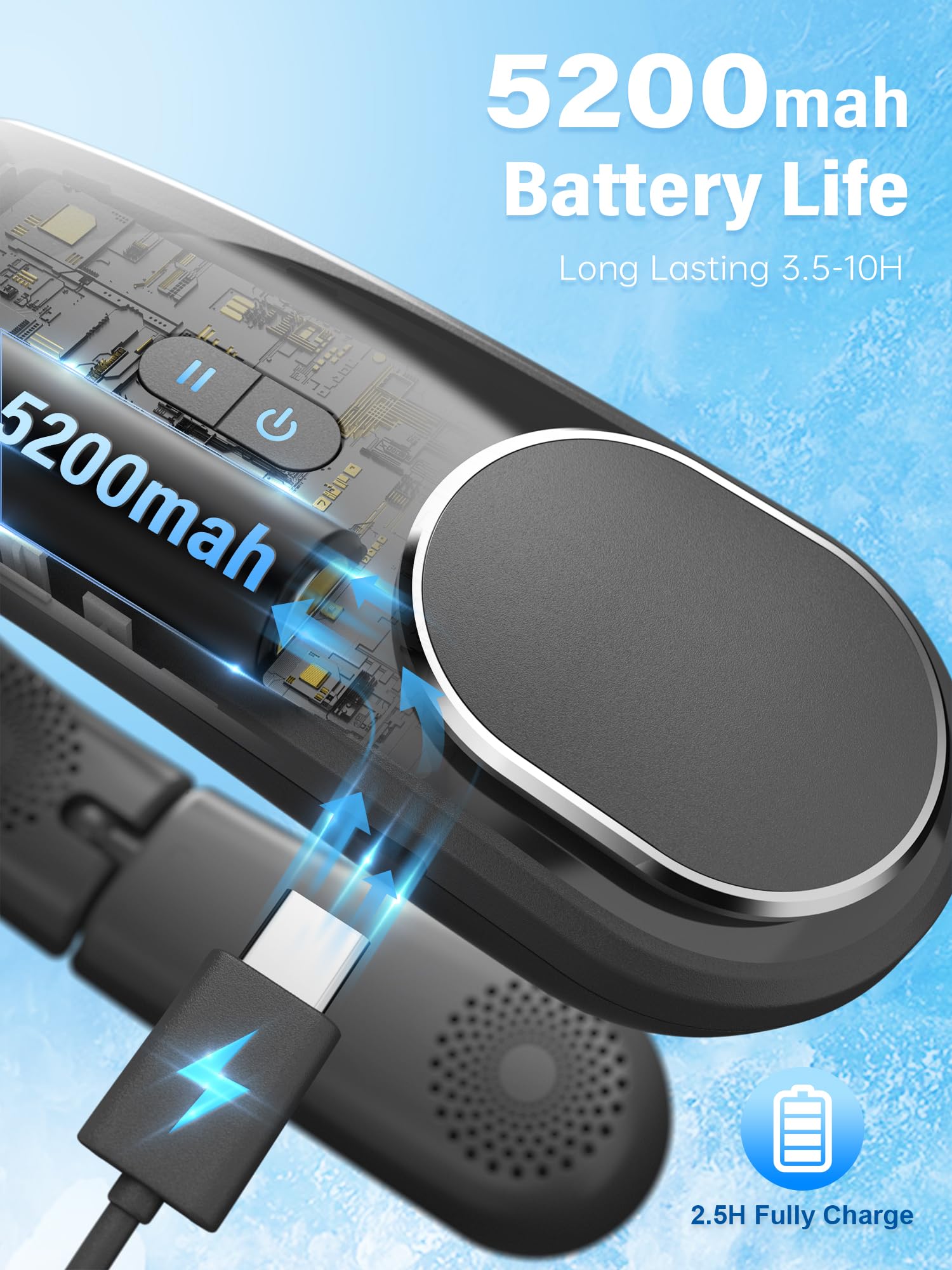 ChillGo Portable Neck Fan - 8400 RPM Enlarged Turbo Airflow - 5200mAh Personal Rechargeable Cooling Wearable Fan - Max 16H, 4 Speeds, Foldable, LED Display - Great Gifts for Men Women - 2nd Gen Black