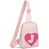 KKXIU Girls Sling Crossbody Bag Heart Initial Chest Bag Pink Mini Fanny Pack Personalized Gift for Kids Children