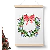 PaJiaNi Chinoiserie Christmas Wreath Wall Art,Blue and White Chinoiserie Ball Ginger Jar Wall Decor,Coquette Bows Winter Christmas Holiday Decoration Posters for Bedroom Living Room Office 12x16 Inch