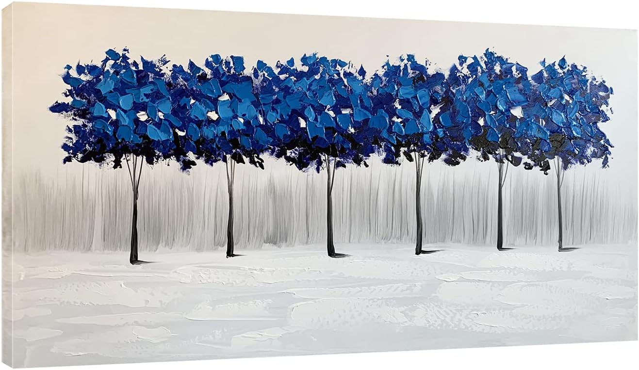 Paintings - RICHSPACE ARTS Bedroom Wall Art Above Bed Long Pictures Horizontal Abstract Blue Trees Artwork Decor 3D Textured Oil Paintings on Framed Canvas (24 * 48)