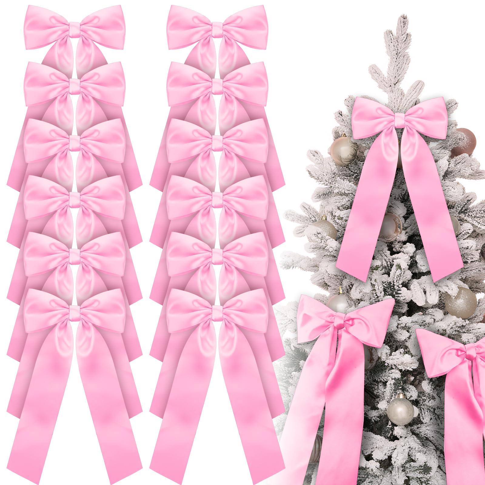 Photo 1 of 12 Pcs Large Pink Christmas Bows for Tree Wreath Staircase 9 x 13 Inch Satin Christmas Tree Topper Decorative Bows Ornaments for Xmas Garland Fireplace Indoor Outdoor Holiday Party Decorations