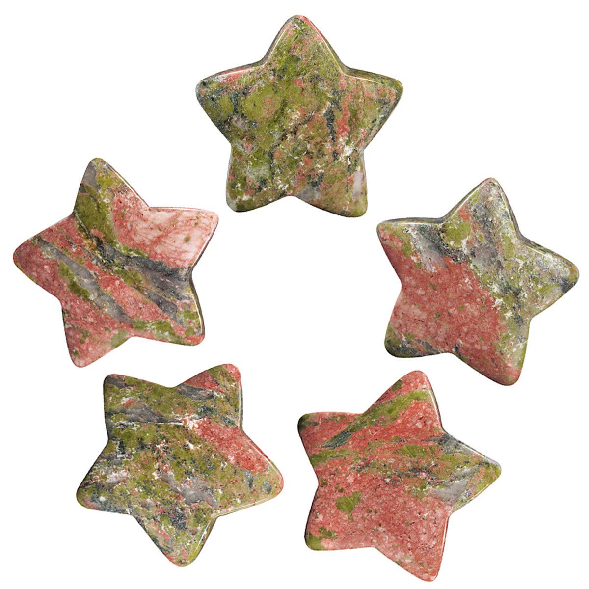 Nupuyai 5pcs Unakite Carved Crystal Star Statue Pocket Worry Stone Set, Energy Healing Stone Figurine for Home Office Decor