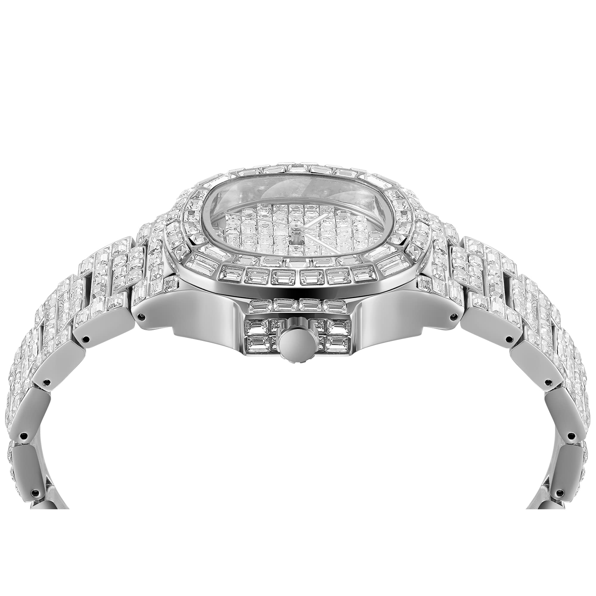 DROCUAMGOYA Top Bling Luxury Men Diamond Watch Full Iced Out Baguette Quartz Analog Date Wrist Watch Stainless Steel Waterproof Watches Hip Hop Rapper (Silver)