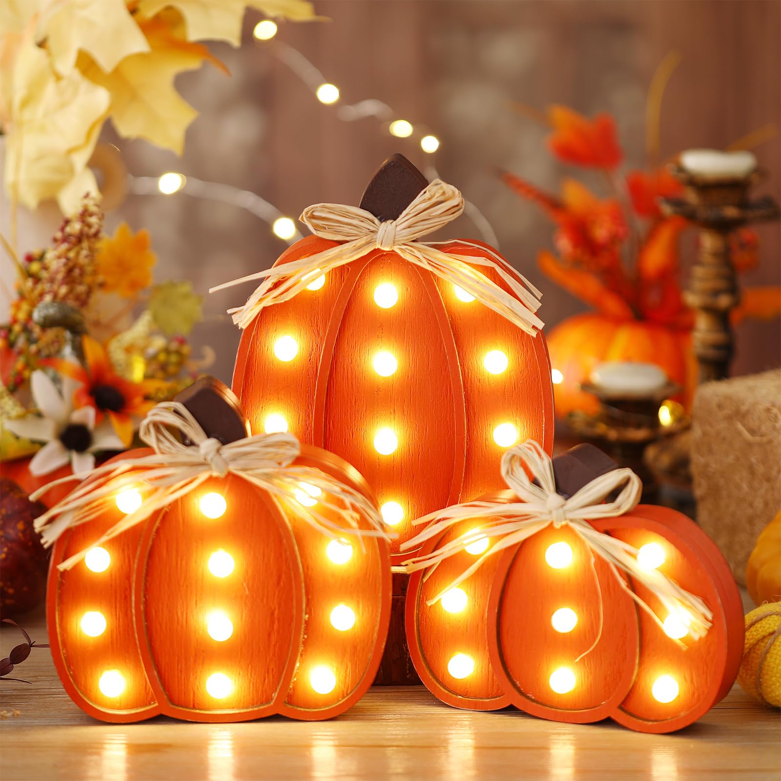 Photo 1 of Grinsvalley 3 Pcs Light up Fall Pumpkin Decor Thanksgiving Farmhouse Pumpkins Sign Rustic Tiered Tray Decorations Table Centerpieces Standing Wooden Block Sign for Home Kitchen Halloween
