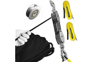 SALIFTFE Block and Tackle Pulley System, Upgraded 4-Wheel Rope Pulley Hoist with 2 Lift Sling Straps, 8:1 Lifting Power, 2200 lbs. WLL with 65Ft of 1/4” Rope, Compact Rope Hoist for Garage and Hunting