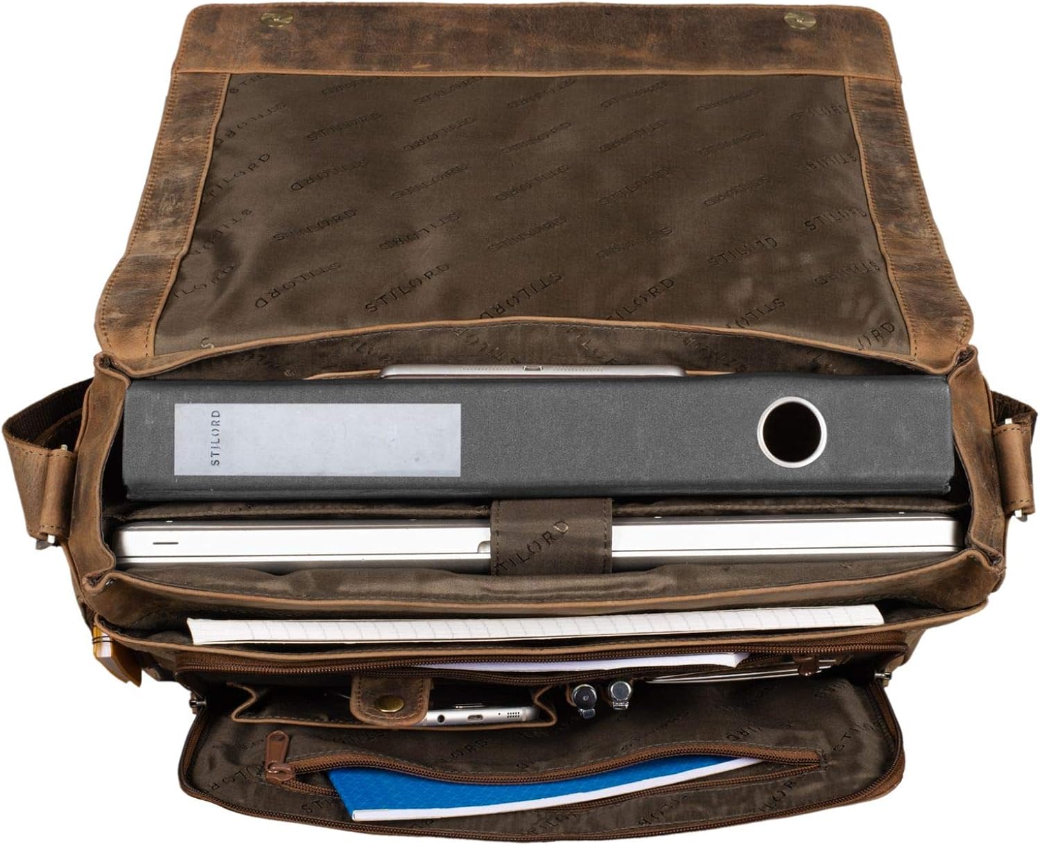 STILORD "Rick" Vintage Shoulder Bag Leather Satchel Bag Laptop Bag 15.6 inches Messenger Bag Genuine Buff-Leather Colour:Calais - Brown - Image 5