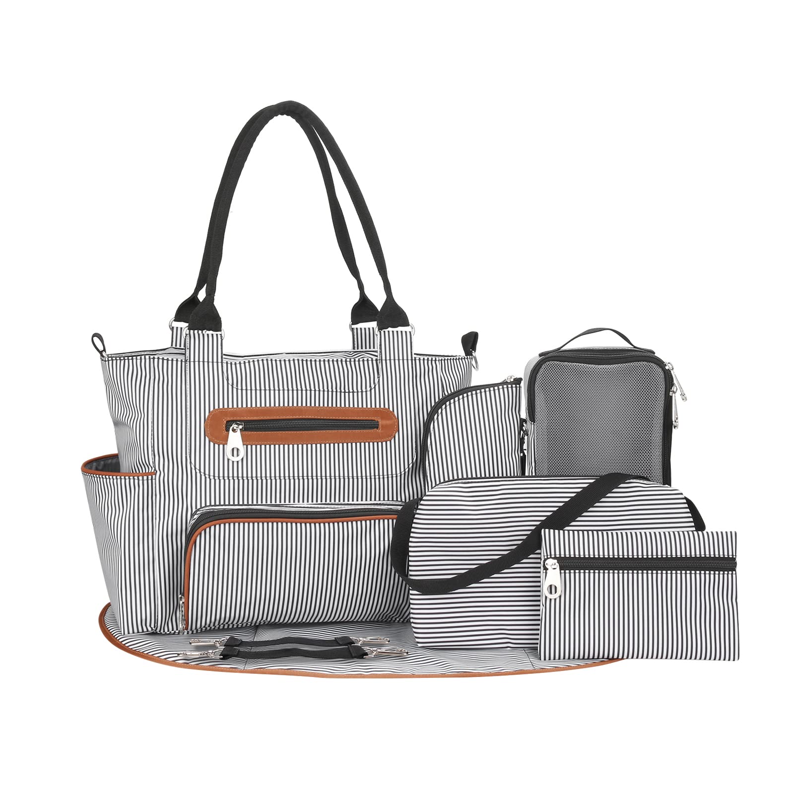 SONARIN 7pcs Nappy Changing Bag Set,Multifunction Mummy Tote Bag Baby Changing Bag Shoulder Handbag Travel Diaper Bag with Bottle Bag Changing Mat and Stroller Straps(Black)