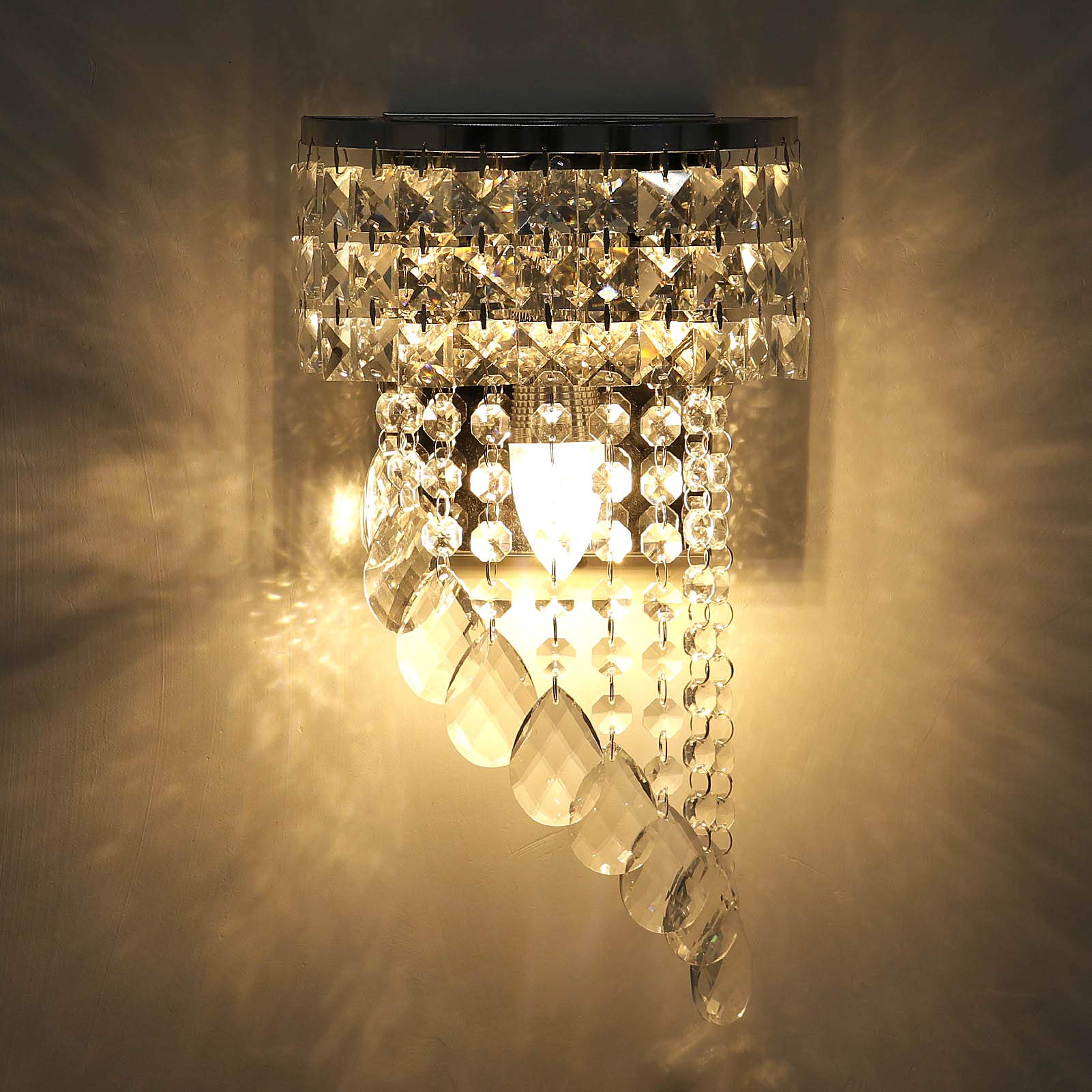 KAWELL Modern K9 Crystal Wall Light Fixtures Indoor Crystal LED Wall Lamp Chrome Finish Stainless Steel E14 Lamp Base Crystal Wall Sconce Light for Bedroom Living Room Hallway Girl Room