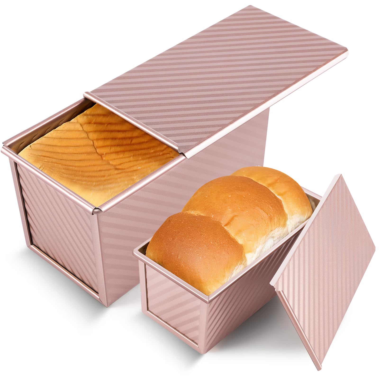 Photo 1 of (USED/FAIR) Pavsrmy 2 Pack Pullman Loaf Pan with Lid, 1 lb/0.5 lb Dough Capacity, Premium Non-Stick Sandwich Bread Loaf Pan with Lid, Carbon Steel Corrugated Bread Toast Box Mold with Cover for Baking