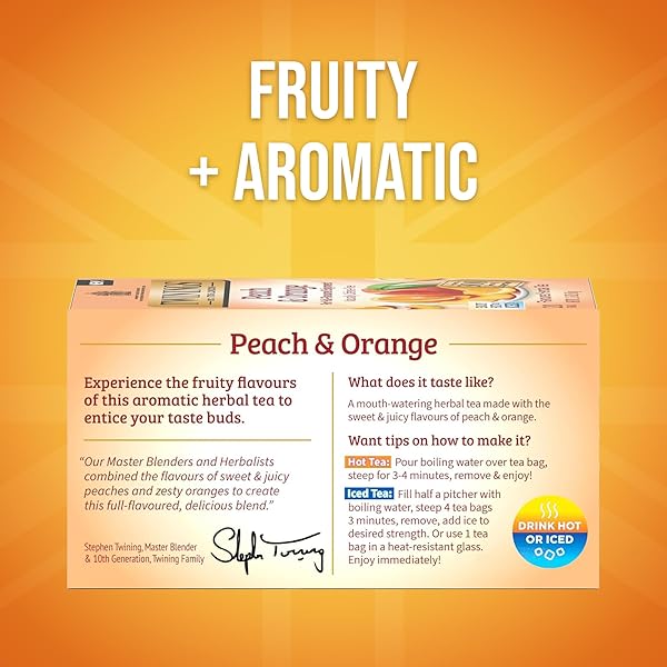 TWININGS PEACH & ORANGE HERBAL TEA INDIVIDUALLY WRAPPED BAGS, 20 COUNT (PACK OF 1), JUICY & FRUITY, NATURALLY CAFFEINE-FREE, ENJOY HOT OR ICED