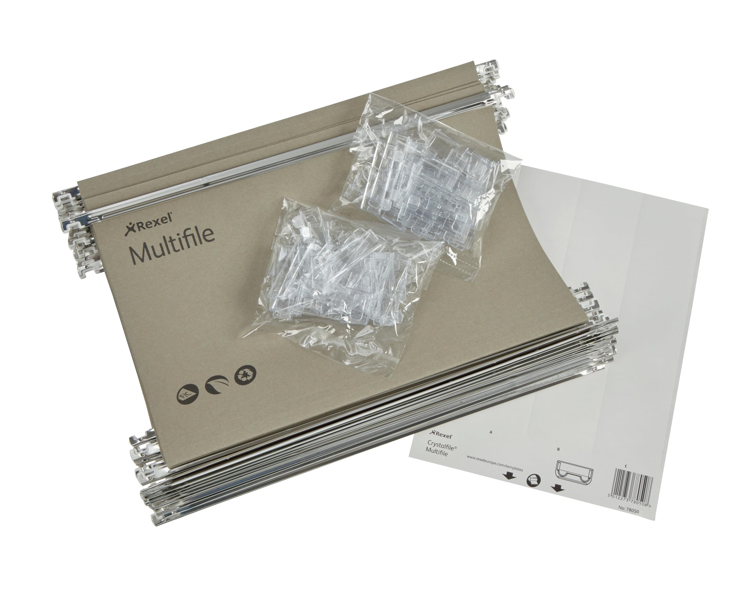 Rexel Foolscap Filing Cabinet Suspension file, Pack 50, Made from premium 100 Percent Recycled Card, with 50 Tabs and Card Inserts, for home, office, school organisation, Green