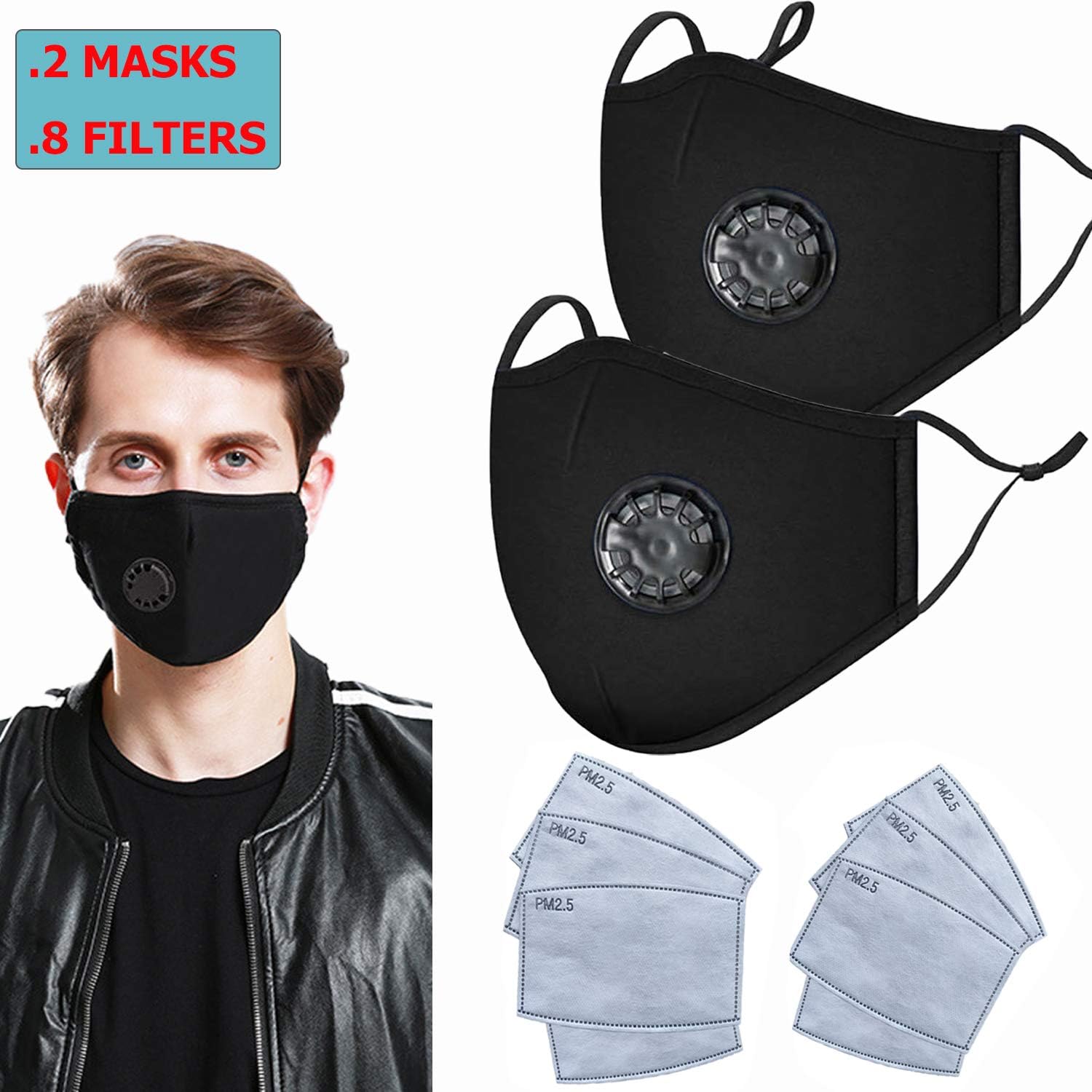 2 Pack Anti-dust Mouth Mask with 8 Pcs PM2.5 Activated Carbon Filters, Reusable Washable Mouth Mask with Filters, Anti Air Pollution Masks for Adult Outdoor