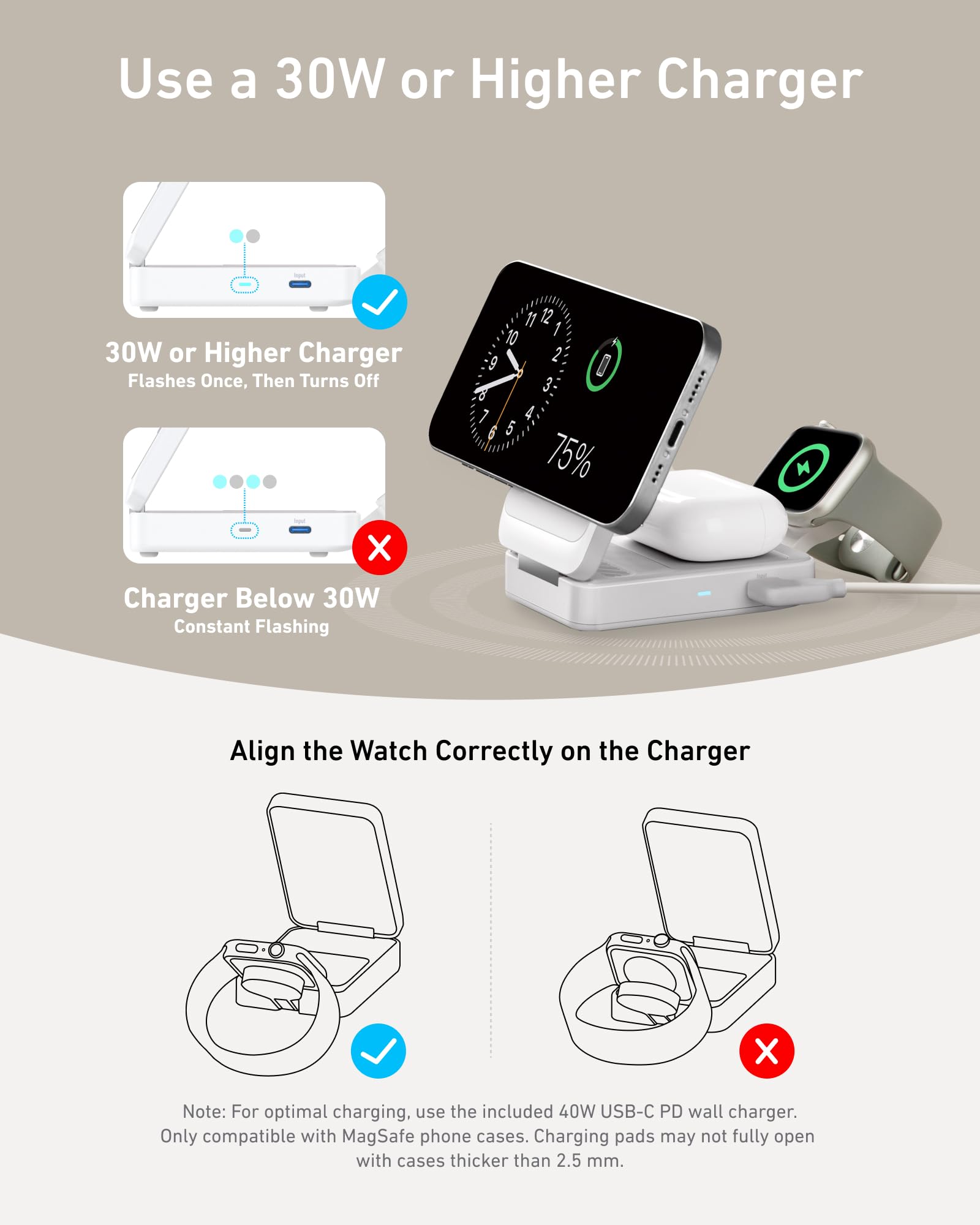 Anker MagGo 3 in 1 iPhone 17 Charging Station, MagSafe-Compatible Wireless Charger Stand, Qi2 Certified 15W Foldable Charger for iPhone 17/16/15/14/13/12, AirPods, Apple Watch Ultra(Adapter Included)