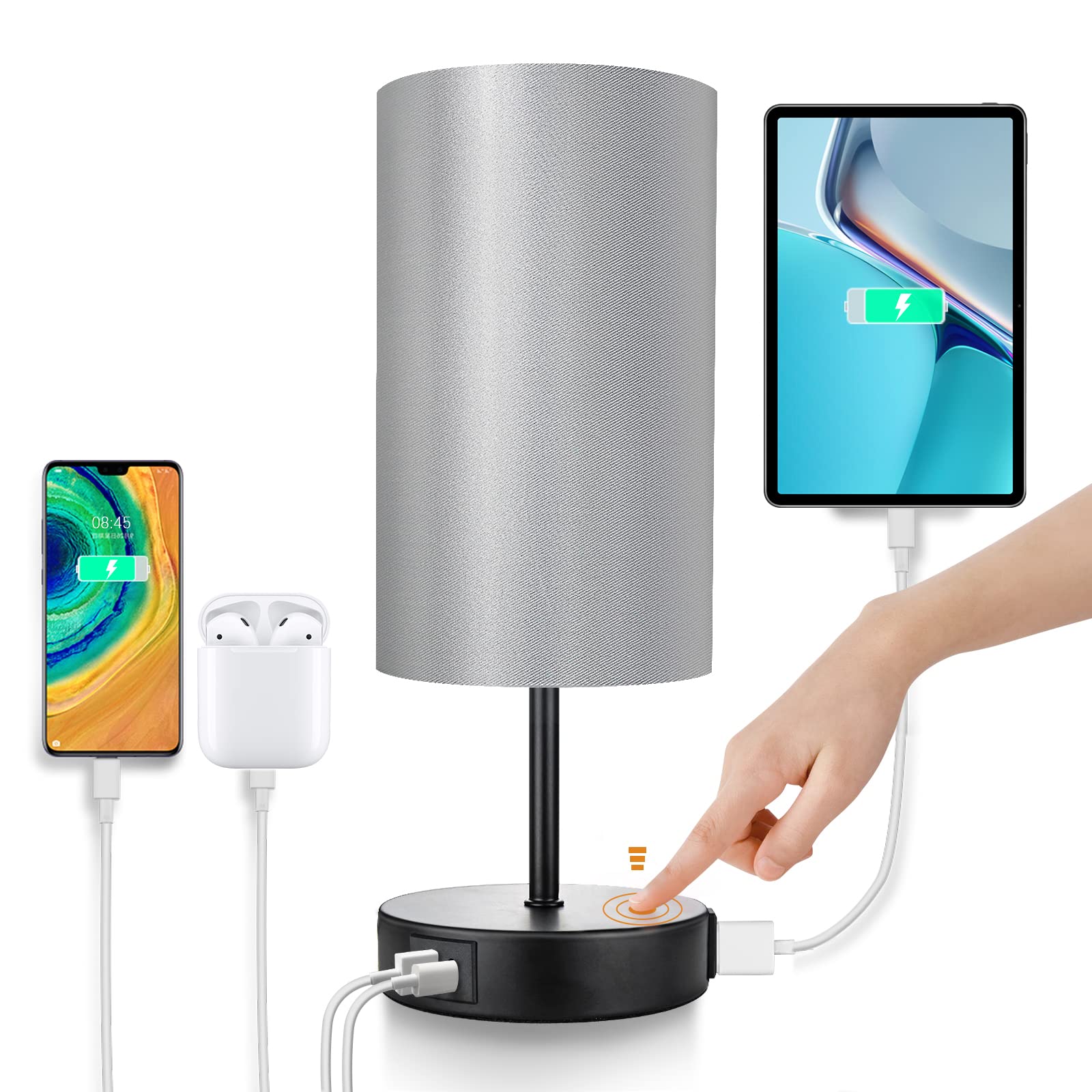 Wondlumi Touch Control Bedside Lamps, 3Way Dimmable Black Table Light with 2USB Charging Ports, Touch Lamp Bed Side with Silver Shade for Living Room and Bedroom, 6W Warm White LED Bulbs Included