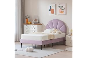 VELOCAVA Twin Bed with Seashell Headboard, Velvet Upholstered Platform Bed Frame for Girls Kids with Wooden Slats Support, No Box Spring Needed, Easy Assembly, Dreamy Purple