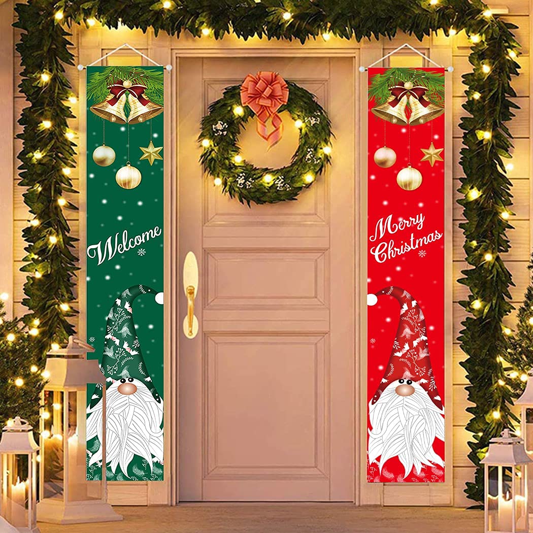 Christmas Decorations Banner - Welcome Merry Christmas Porch Sign Gnome Element Yard Sign Outdoor Indoor Xmas Decor Hanging Flag for Front Door Garden Holiday Party Supplies