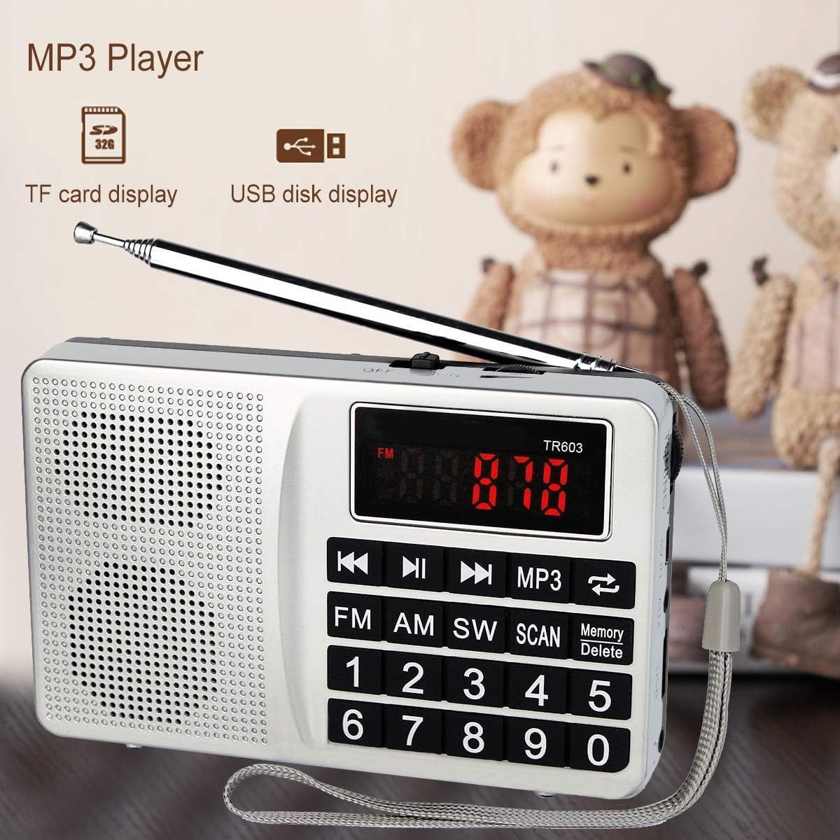 TIVDIO TR603 Portable AM FM Radio, Shortwave Transistor Radio, Rechargeable Mini MP3 Player Support TF, USB, AUX Input Ideal Gift for Senior (Silver) : Camera & Photo