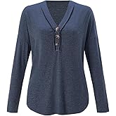winkbay Women's Long Sleeve Henley Shirts Fall Button Front V Neck Dressy Casual Tops Basic Tees
